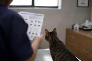 Domestic cat on an exam table in a veterinary room, focused on a chart held by an out-of-focus clinician, natural soft lighting, calm atmosphere.
