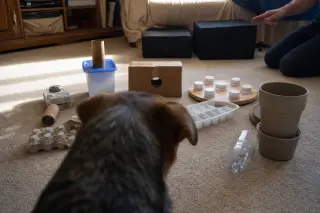 Dog observing a homemade puzzle feeder on a living room carpet, human hand blurred in the background, natural soft afternoon light