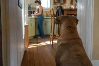 Dog attentively observing from a hallway doorway, watching its owner prepare an enrichment activity in a softly lit home setting.