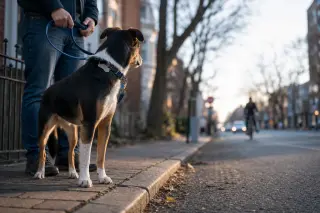 Dog on a loose leash observing a distant cyclist from a street curb, owner partially visible, urban late afternoon light, subdued and attentive atmosphere.