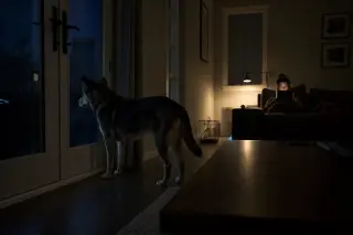 Dog standing alert by a glass door at night while a person in the background reads on a sofa in a dimly lit living room.