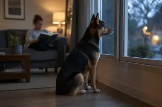 Dog in a living room at dusk, alert near a window, background shows person reading on couch, calm and intimate atmosphere