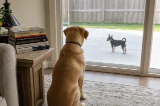 Two dogs of different breeds observed from behind in a softly lit living room, one inside on a rug, the other visible through a glass door, both focused on each other, with canine behavior books on a nearby table.
