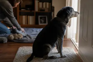 Elderly dog sitting in a sunlit room near a partially open door, with a person in the background quietly adjusting a blanket.
