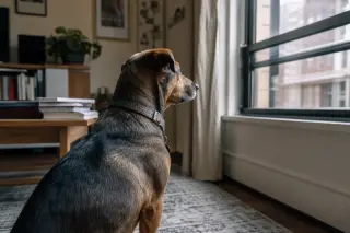 Mixed-breed dog on an apartment rug, focused toward a window with soft morning light, seen from behind at floor level in a realistic urban setting.